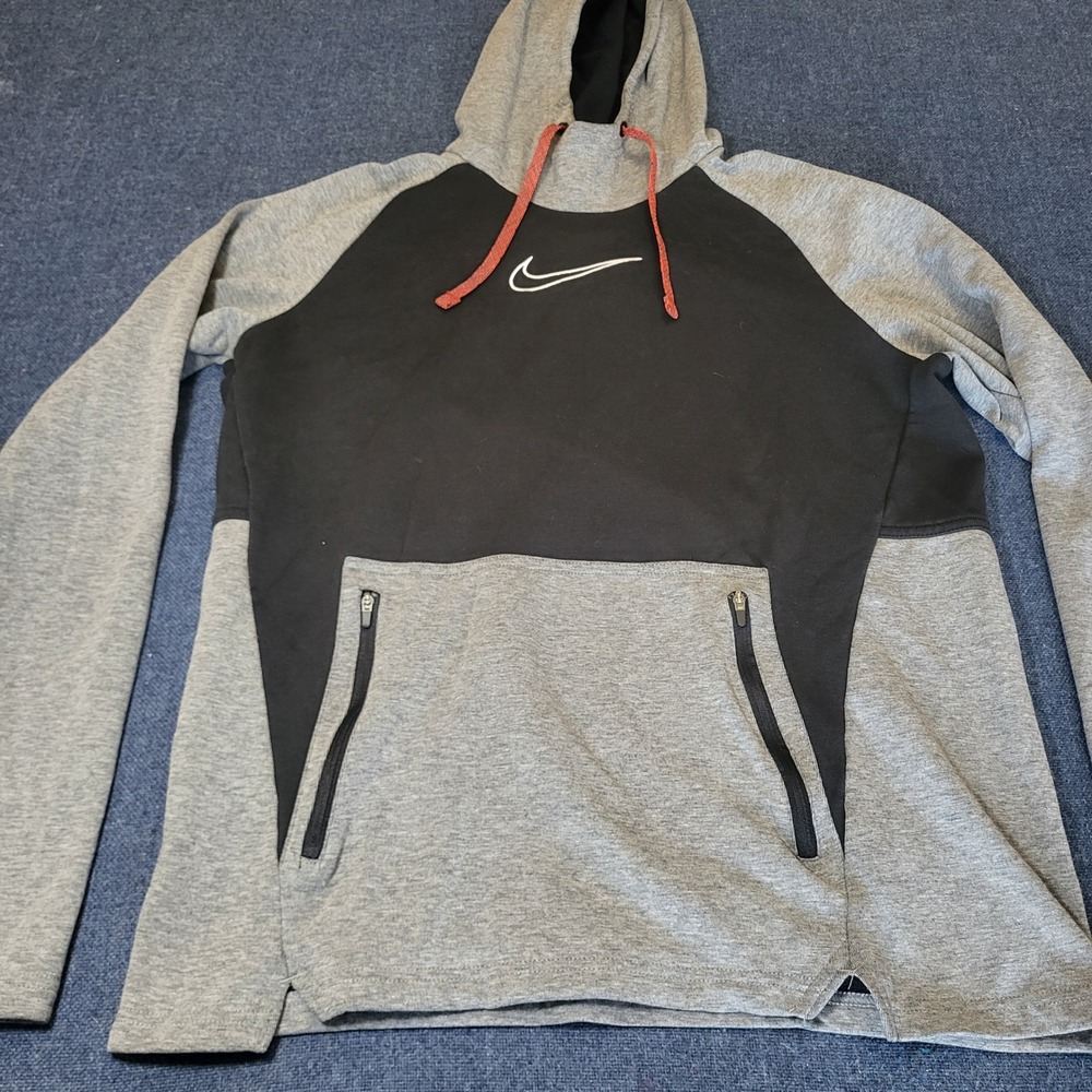 Nike Therma-FIT Hoodie Mens Med Black Grey Colorblock Zippered Pocket Pullover